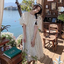 Party Dresses Plus Size Women Vintage Lace White Gauze Dress Short Sleeve Elegant 3D Embroidery Hollow Out Female Summer Clothing