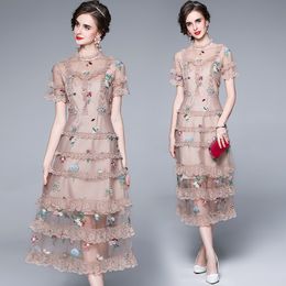 High Quality Arrival Round Collar Flower Embroidery Short Sleeve Woman Long Gauze Lace Party Formal Dress 210603