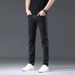 2024 Spring/Summer New Black Jeans Mens Elastic Slim Fit Trendy Casual Personalised Side Line Design High end Pants 240325