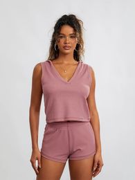 Women s 2 Piece Lounge Set Sleeveless Tank Tops Solid Colour Waffle Shorts Sleepwear Sets 240228