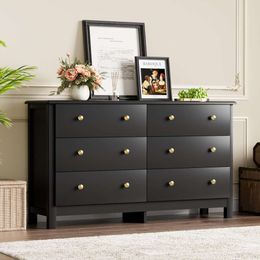 HOUROM Black Dresser, Modern 6 Drawer Double Dresser Bedroom with Gold Pulls, Wide Chest of Drawers for Living Room