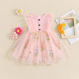 Girl Dresses Princess Baby Sleeve Tulle Dress Ribbed Floral Embroidery Knitted Toddler Summer Clothes Fashion Party