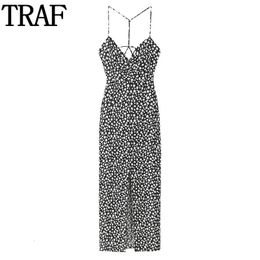 TRAF Floral Halter Midi Dress Woman Black Print Slip Long Dresse Slit Summer Beach Vintage Backless 240320