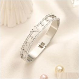 Bangle Design Letter Bangles Designer Pink Faux Leather Bracelet Men Womens Brand Jewelry Inlay Crystal 18K Gold Stainless Steel Wrist Dhdly