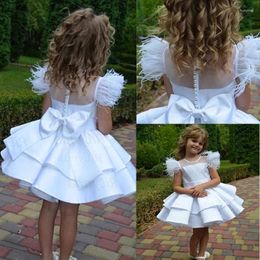 Girl Dresses White Elegant Knee Length Flower For Wedding Feather Pearls Baby Birthday Party Gowns