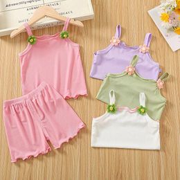 Clothing Sets 1-4T Baby Girl's 2pc Set Soft&Comfortable Modal Fabric Summer Sleeveless Flower Applique Tank Elastic Ruffles Shorts