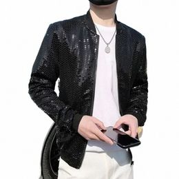 2022 Spring New Sequined Bomber Jacket Men Lg Sleeve Glitter Zipper Thin Coat Hip Hop Loose Night Club Stage Streetwear Coats E3Cv#