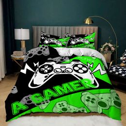 Duvet Set for Kid Teen Video Game Controller King Size Comforter Microfiber Black and Green Gamepad Quilt Cover