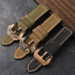 Handmade Canvas Fitted Leather Watchband 20 22 24 26MM Bronze Watch Bracelet Cuns8 Solid Brass Buckle Thickened Men Bracelet 240313