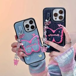 Cell Phone Cases Korean Denim Butterfly Plush Embroidery Phone Case For iphone 15 Pro Max 14 13 12 11 With Butterfly Pendant Soft Silicone Cover H240326