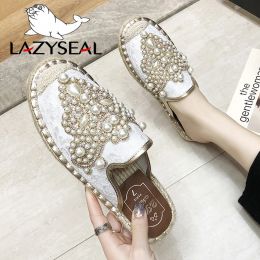 Slippers LazySeal New String Bead Half Slippers Spring Slides Women Shoes Pearl Hemp Flat Heel Shoes Women Cotton Fabric Lace Mules Shoes