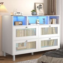 EURGANT Rattan Dresser - Drawer Dressers with Power Outlets & LED Lights, Modern Chests of Dressers| TV Stand 65inch TV| 4 Flip Drawers Storage Cabinet for