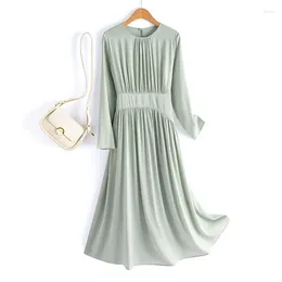 Casual Dresses Elegant Fashion Silk Dress For Women O-Neck Full Sleeve Slim Waist Folds Bodycon Solid Mulberry Midi