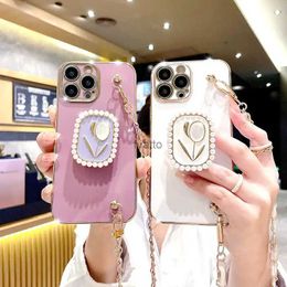Cell Phone Cases Crossbody Necklace Lanyard 3DTulip Stand Case For Honor X9 X8 4G X7A X9A X7 50 70 10 20 Lite Nova 9 SE 8i Plating Silicone Cover H240326