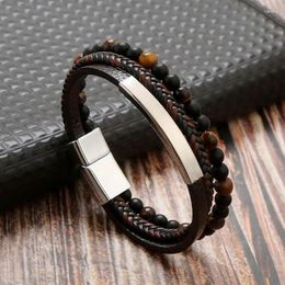 Charm Bracelets Fashion Vocanic Stone Beaded Mutilayer Leather Bracelet For Men Punk Magnetic Clasp Wrap Bangle Male Gift