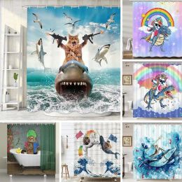 Curtains Cute Shower Curtain Sea Cat Riding Shark Creative Cartoon Children's Decoration Bathroom Waterproof Shower Curtain Set with Hook