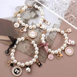 Dog Collars Sweet Fashion Rhinestone Chain Puppy Accessories Pearl Necklace Pet Cat Jewellery Bow Collar