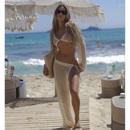 Cover-ups Knitted Sexy See Through Bikinis Beach Cover Summer Long Sleeve Top Mesh Skirt Two-piece Set Hollow Out Dress