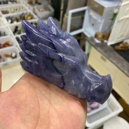 Decorative Figurines Natural Blue Dongling Jade Carving Polished Dragon Head Agate Stone Bone Crystal Mineral Reiki Treatment Home
