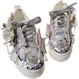 Casual Shoes Silver Sneakers S Style Sequined Women Fashion Rhinestone Flower Lace Crystals Butterfly Heavy Bottom Cute