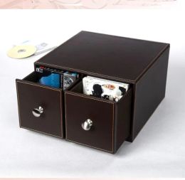 Drawers horizontal home 2drawer leather desk CD/DVD sundries container storage box case organizer holder brown 226B