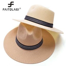 Wide Brim Hats Bucket Hats Mens straw hat fashionable ribbon casual denim jazz hat womens summer trend beach sun hat solid color Fedoras black hat J240325