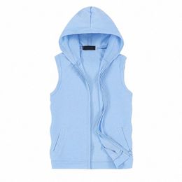 2022 New Mens Sleevel vest Summer Men Tank Top With Hood Male Fi Ne Sleeve Hoodie Zip Up Casual Sportswear Clothes X4xR#