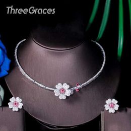 Earrings Necklace Three layer high-quality bride wedding Jewellery white hot pink cubic zirconia flower necklace earring set TZ531 L240323