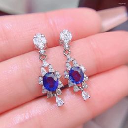 Dangle Earrings Royal Blue Sapphire For Wedding 5mm 6mm Total 1.2ct Natural Heated 925 Silver With Gold Plated