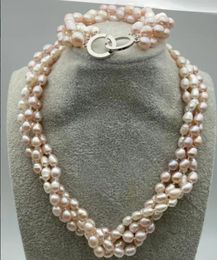 Necklace Earrings Set 4-row Freshwater Rice Shaped Pink Pearl Bracelet