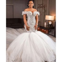 Aso Oct Ebi Arabic Luxurious White Mermaid Wedding Dress Beaded Crystals Tulle Bridal Gowns Dresses ZJ Es