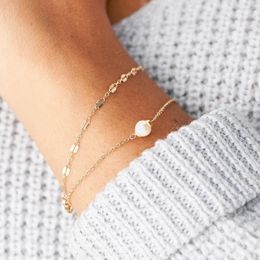 Link Bracelets Women Stainless Steel Bracelet Simple Layered Lip Chain Jewelry Thin Faux Pearl 316l