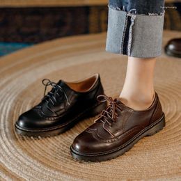 Casual Shoes British Style Retro Brown Leather Laces Pointed Toe Brogue Women Black Flat Pumps