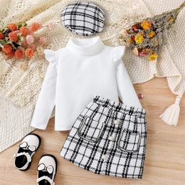 Clothing Sets Toddler Baby Girl Autumn Spring 3Pcs Clothes Suit Fashion Infant Outfit Ruffled Long Sleeve Sweater Plaid Skirt Beret