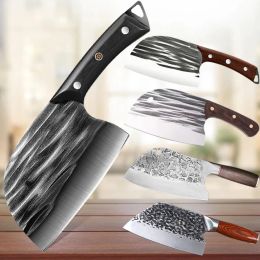 Knives High Carbon Steel Bone Chopping Knife Hand Forged Meat Cleaver Knife Dualpurpose Knife Slicing Chef Cutting for Outdoor BBQ