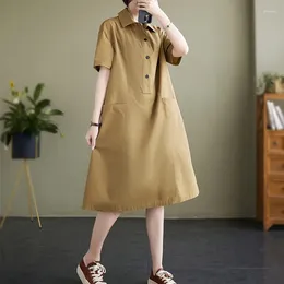 Party Dresses Korea Style Turn-down Collar Big Pockets Chic Girl's Loose Summer Blouse Dress Office Lady Work Fashion Women Casual