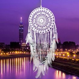 Handmade Lace Dream Catcher Circular With Feathers Hanging Decoration Ornament Craft Gift Crocheted White Dreamcatcher Wind Chimes3843763