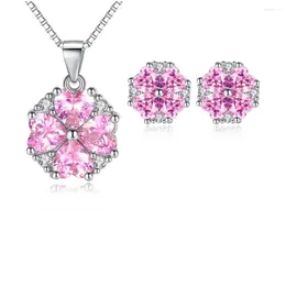 Necklace Earrings Set Valentines Gift Pink Crystal Zircon Flower Design 925 Silver Needle Stud Pendant Chain For Lady