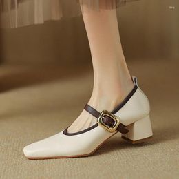 Dress Shoes Spring/Autumn Women Pumps Split Leather For Square Toe Chunky Heel Concise Mary Janes Buckle Black