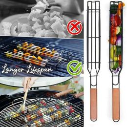 Skewers Barbecue Basket Bar Shape Iron And Wood Skewer 45cmBasket Outdoor Barbecue Utensils Portable Kabob BBQ Grilling Basket BBQ Tools