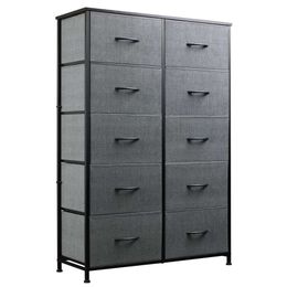WLIVE 10-drawer Dresser, Storage Tower for Bedroom, Hallway, Closets, Tall Chest Organiser Unit with Textured Print Fabric Bins, Steel Frame, Wood Top, Easy