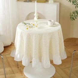 Table Cloth Cotton Linen Korean Style Daisy Ruffled Edge Round Fabric Coffee Cafe Decor Cover Room Aesthetic