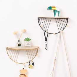 Rails Iron and wooden board Storage Rack Shelf with Hooks Hat Key Hangers Holder Wall Hook Home Decoration Bathroom Accessories