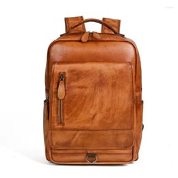 Backpack Men Women Vintage Genuine Cow Leather Fashion For 15 Inch Laptop Multi Pockets Schoolbag Rucksack Shoulder Bag Mochila