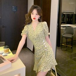 Party Dresses Small Pure And Fresh Green Flower Female Summer Design Feeling Get Ruffled Waist Package Buttocks Short Skirts Dress
