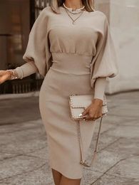 Casual Dresses Spring Autumn Elegant Women Pencil Dress Long Lantern Sleeve Bodycorn Sundress Stylish Female Work OL Knee-length Vestidos