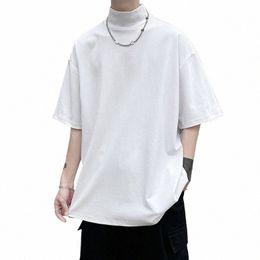 2024 Streetwear Turtleneck Men Tshirt Solid Hip Hop Male Oversized T shirts Man Casual Short Sleeve Top Tees Black/White/Purple f8OI#