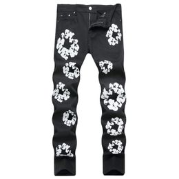 Black Mens Flower Printed Jeans Y2k Graphic Denim Harajuku Gothic Mid Waist Straight-leg Pants Man 240320