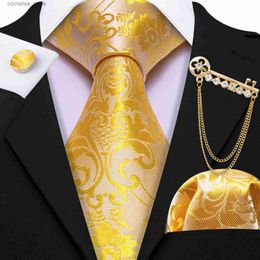 Neck Ties Neck Ties Designer Gold Yellow Silk Mens Tie Hanky Cufflinks Brooch Set Jacquard Neck Tie Pin For Male Wedding Business Events Barry.Wang Y240325