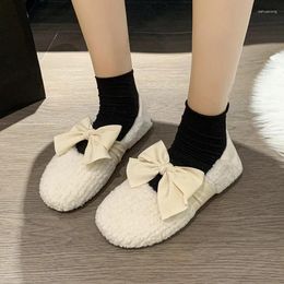 Casual Shoes Soft-soled Furry For Women Outer Wear 2024 Plus Velvet Bow Warm Cotton Comfortable Slip-on Flat